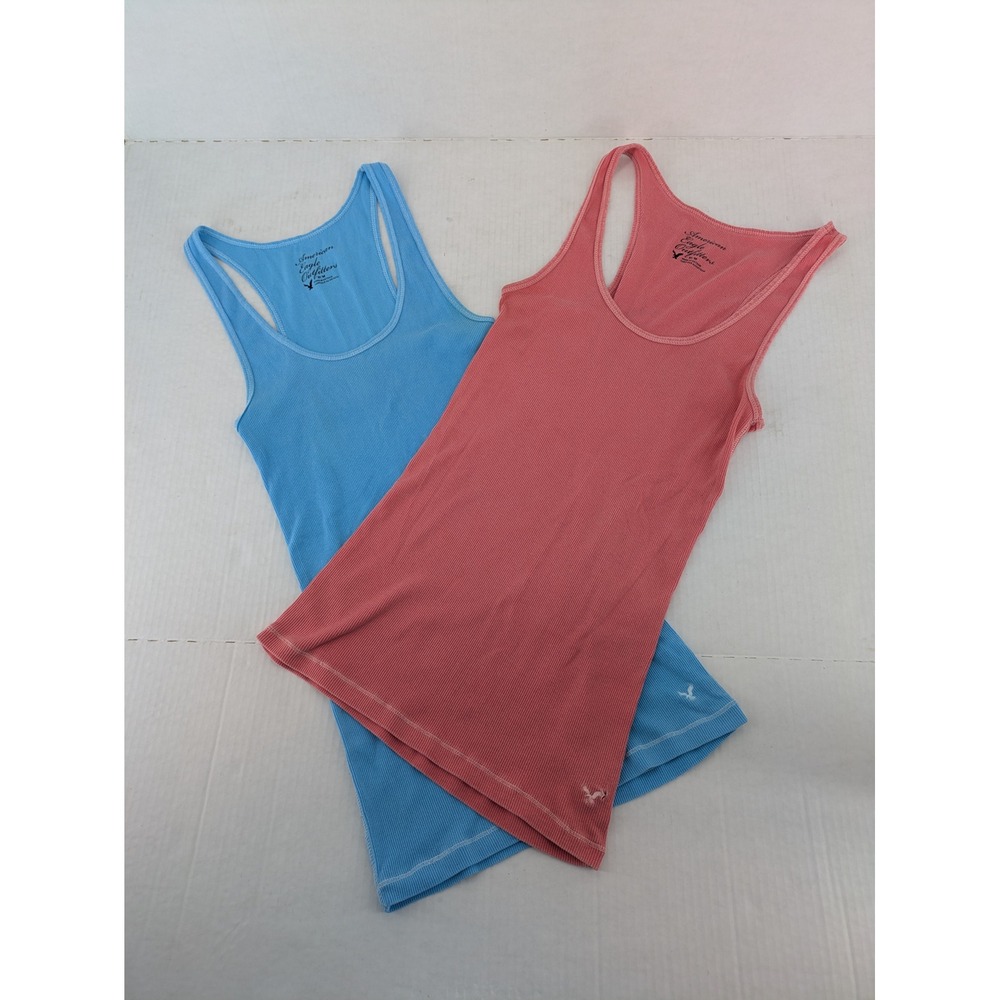 American Eagle Tank Top Women Medium Blue Pink Ribbed Racerback 2 Pc Basics Y2K